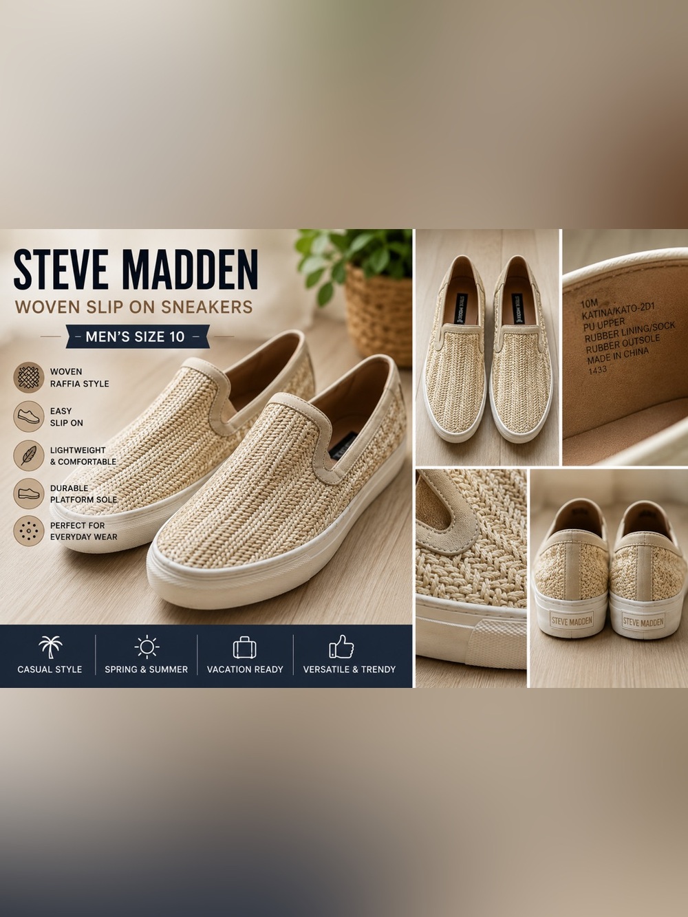 Steve Madden Woven Raffia Slip On Sneakers men’s Size 10 Cream Beige Platform